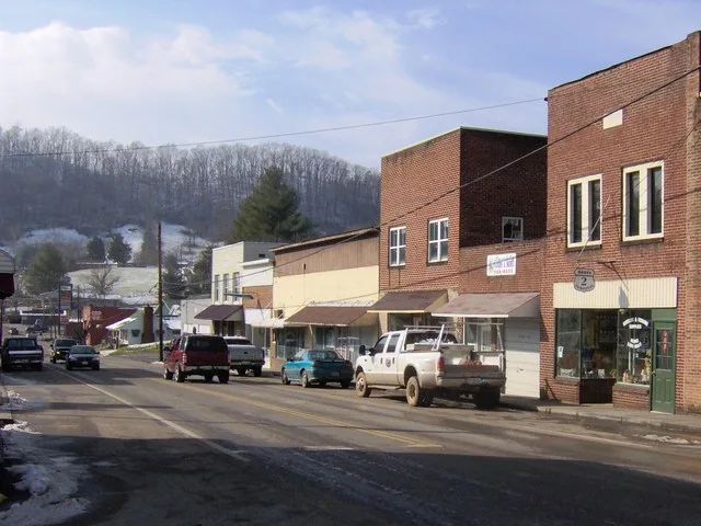 Main Street (part of State Highway 33) in Sneedville, Tennessee, USA, looking west from the courthouse.