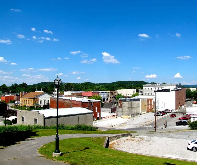 The business district of Sparta, Tennessee, United States, viewed from the Sparta Cemetery.