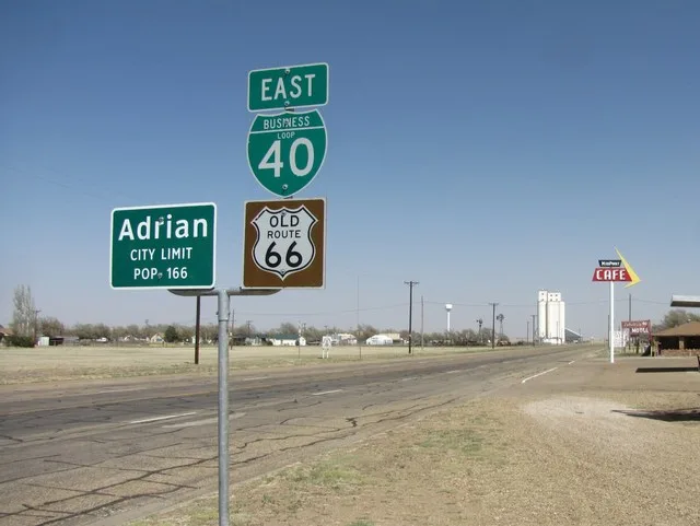 Old Route 66, Adrian Texas - Midpoint Cafe - branded as the midpoint of Route 66