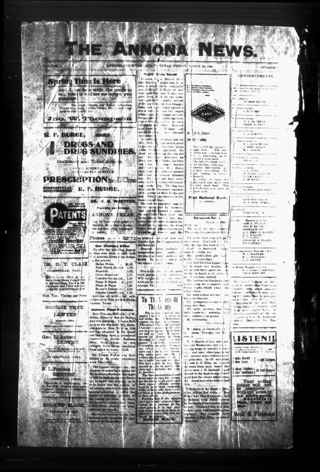 Weekly newspaper from Annona, Texas that includes local, state, and national news along with advertising. four pages : ill. ; page 20 x 13 in. Digitized from 35 mm. microfilm.