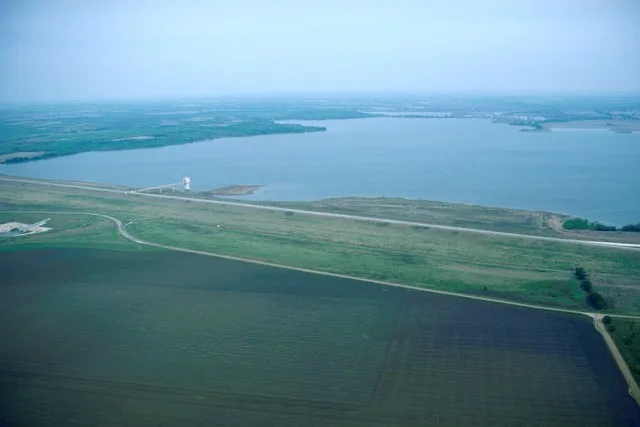 Aerial view of Aquilla Lake and Dam on the Aquilla and Hackberry Creeks in Hill County, Texas, USA.