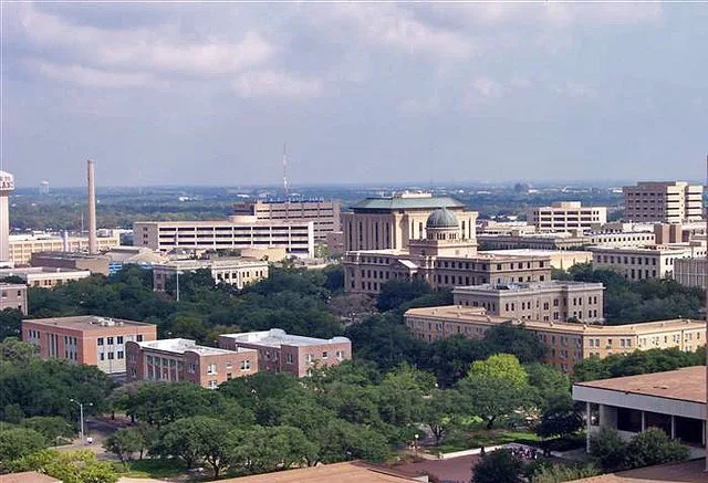 View of a portion of the Texas A&M University campus from the top of the North End-zone of Kyle Field , at College Station, Texas, United States.