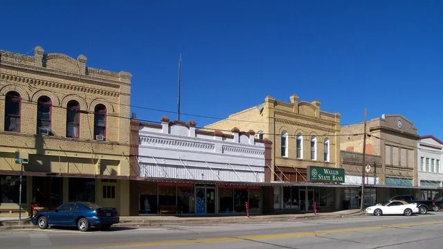 The 100 block of McCarty Ave, part of the Eagle Lake Commercial Historic District in Eagle Lake, Texas, United States. The district was listed on the National Register of Historic...