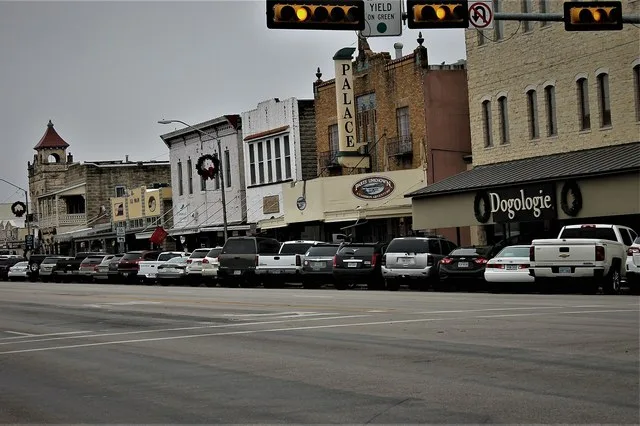 A glimpse of part of downtown Fredericksburg, TX