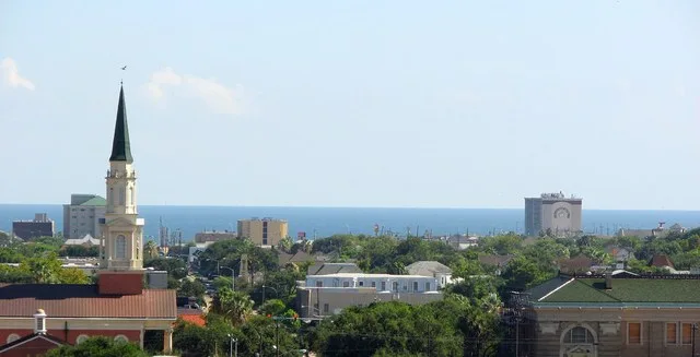 Skyline of Galveston, Texas, looking south towards the Gulf of Mexico.