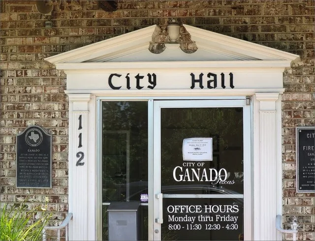 Ganado, Texas City Hall Established in 1882 as a shipping point on New York, Texas & Mexican Railroad. Named Ganado (Spanish for "herd") by railroad official. Became a boomtown in...