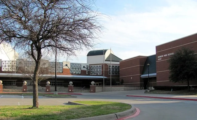 The front of Hebron High School in Carrollton, Texas. Part of the Lewisville Independent School District.