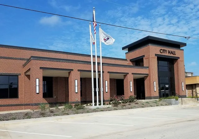 Front facade of new city hall building in Jacksonville, Texas.