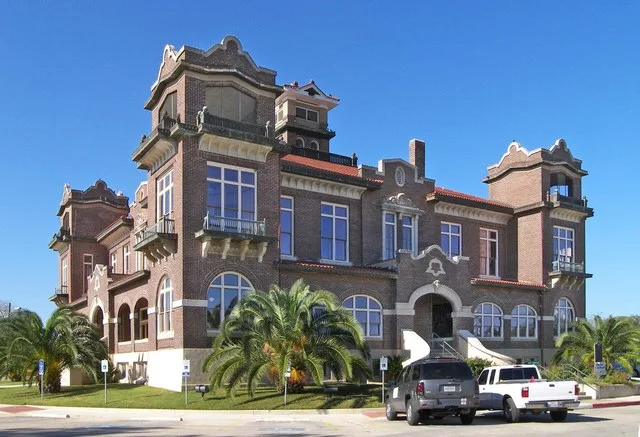 The Atascosa County Courthouse located in Jourdanton, Texas, United States. The Mission Revival style building was completed in 1912. The courthouse was listed on the National Reg...