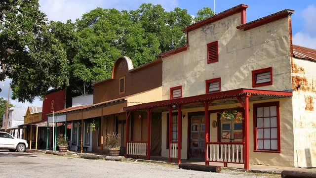 Early commercial buildings in Kingsbury, Texas, United States.