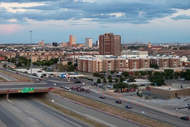 Image of the Lubbock skyline as taken from Raider Park Garage at sundown