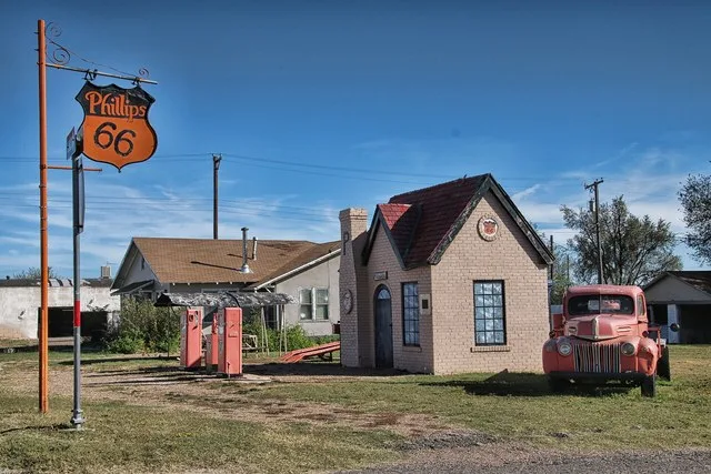 Corner of First Ave and Gray St; Phillips 66 Gas Station, 218 W. First St., McLean, Texas; opened in 1929 as the first Phillips gas station in Texas