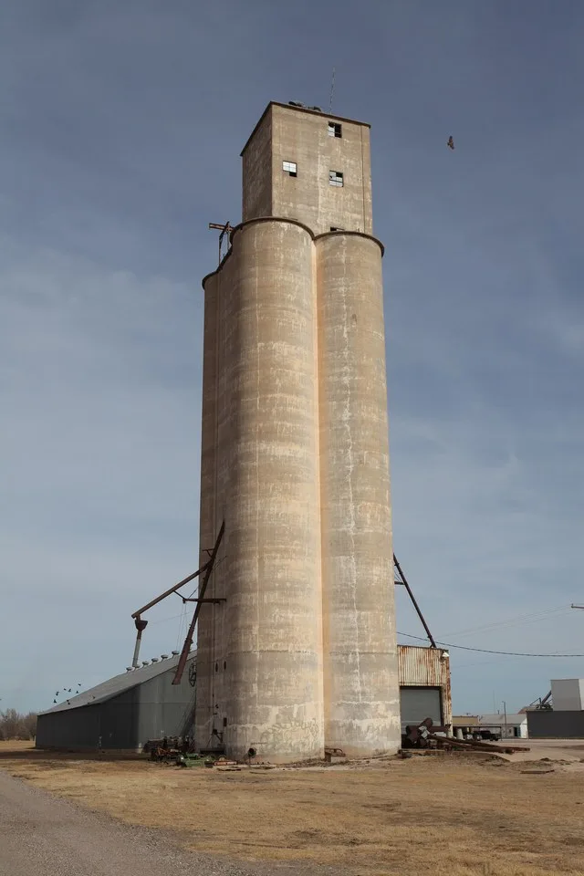 An abandoned grain elevator alongside an abandoned railway on the south side of O'Donnell, Texas of Lynn County . A branch of the Pecos & Northern Texas Railway was constructed fr...