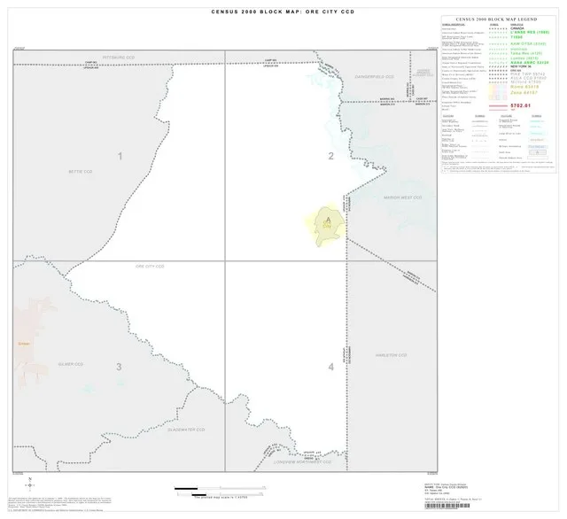 Index map for Ore City Census County Division, Texas showing the distribution of census blocks and smaller inset areas for which the U.S. Census Bureau collected data. The plotted...