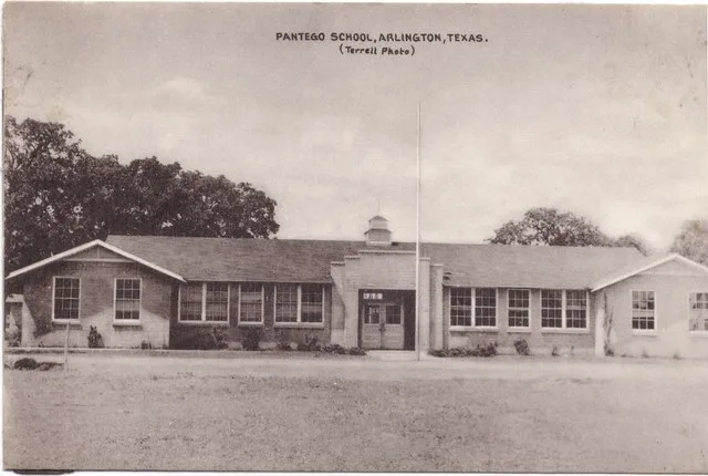 Postcard: Pantego School, Arlington, Texas. Postcard features a photo of the front of the school building.