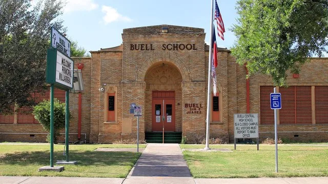 Buell School in Pharr, Texas, United States. The school was designated a Recorded Texas Historic Landmark in 1990. Marker text: "Constructed in 1927-28 to serve Mexican-American c...
