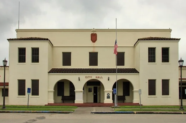The Refugio City Hall in Refugio, Texas, United States. Built in 1936 with assistance of the Public Works Administration . The building was designated a Recorded Texas Historic La...