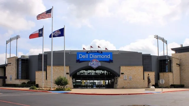The southwest entrance to the Dell Diamond in Round Rock, Texas United States. Dell Diamond is the home stadium of the Round Rock Express class Triple-A baseball team, affiliate o...