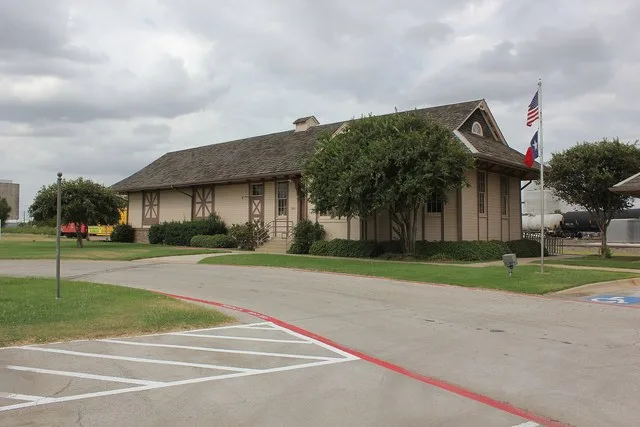 Former Houston and Texas Central Railway depot, first located in Kosse, Texas, was relocated to Saginaw, Texas, where it houses the Saginaw Chamber of Commerce and Saginaw Heritag...