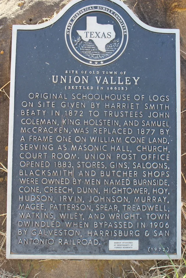 Site of Old Town of Union Valley. (Settled in 1860s) Original schoolhouse of logs on site given by Harriet Smith Beaty in 1872 to trustees John Coleman, King Holstein, and Samuel...
