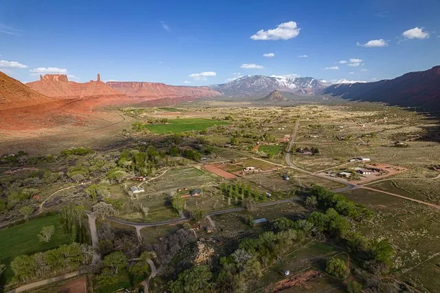 Castle Valley, seen here from above, sits next to Castleton Tower and the La Sal Mountains.