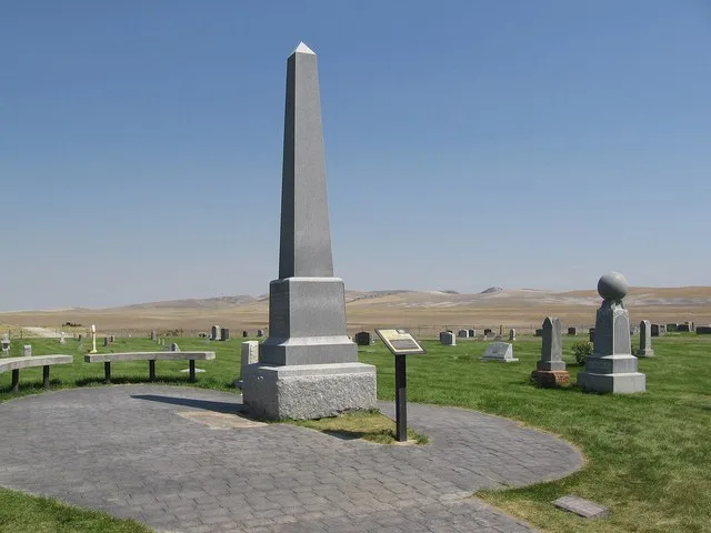 Monument at the grave site of Martin Harris, an early LDS or Mormon church leader. Located at the town cemetery at Clarkston, Utah, USA, the location is a Utah Historic Site, and...