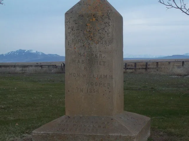 A monument at the site of the first house built in Hooper, Utah (1854), March 2010