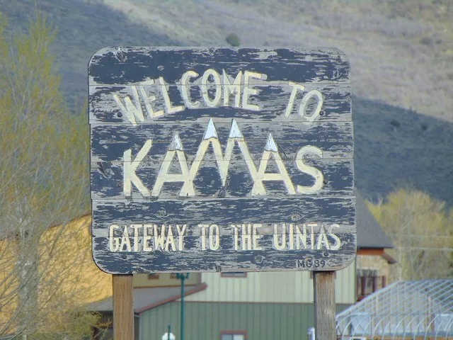 Welcome to Kamas sign on Utah State Route 248 (West 200 South) in Kamas, Utah, April 2016