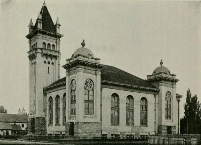 This is a photograph published in 1913 of the Lehi Tabernacle of The Church of Jesus Christ of Latter-day Saints in Lehi, Utah, United States. It was dedicated in 1910 and razed i...