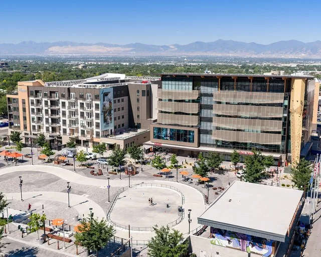 Millcreek City Hall, showcasing its skateloop, climbing wall, and apartments to the south.