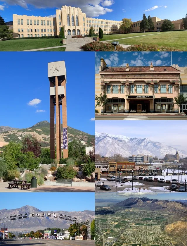 An image montage of Ogden City. From Top to Bottom: Ogden High School Tower Bell Weber State University Peery's Egyptian Theater Downtown Gantry Sign Ogden Aerial photography feat...