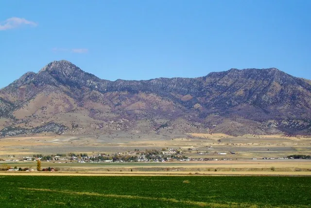 Plymouth, Utah, in Box Elder County with Gunsight Peak and Clarkston Mountain in background
