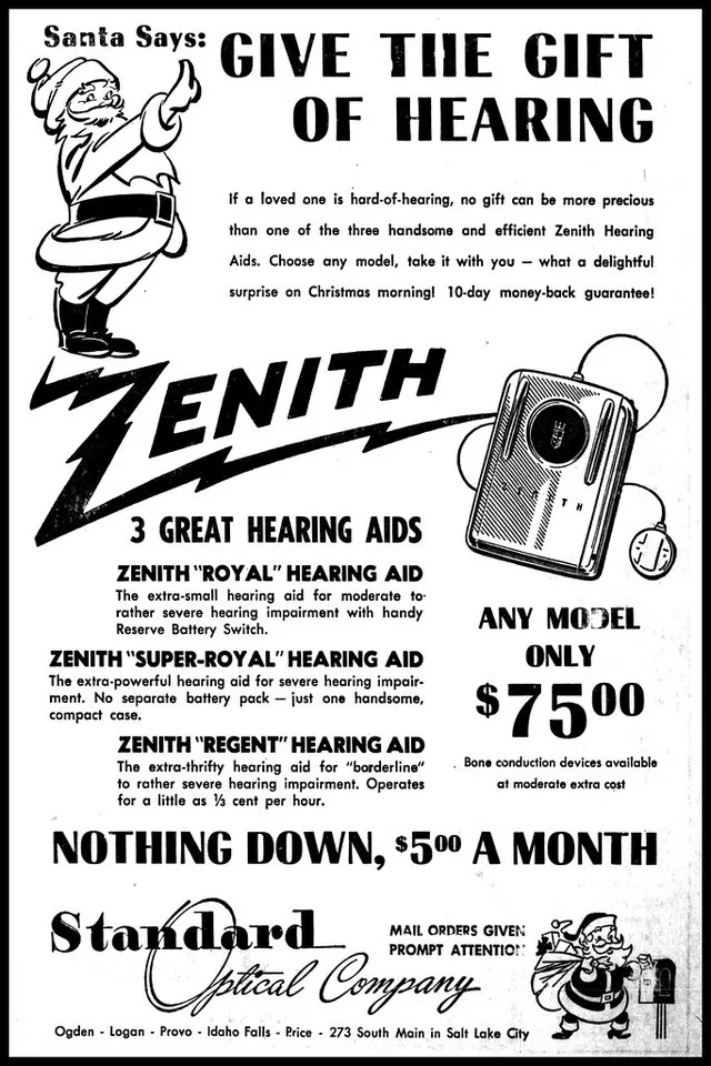 Vintage Advertising For The Zenith Royal Vacuum Tube Hearing Aid In The Sun Advocate Newspaper (Price, Utah), December 18, 1952