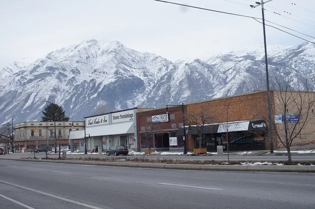 This Springville Utah Main Street scene has the snowy Wasatch Mountains as background