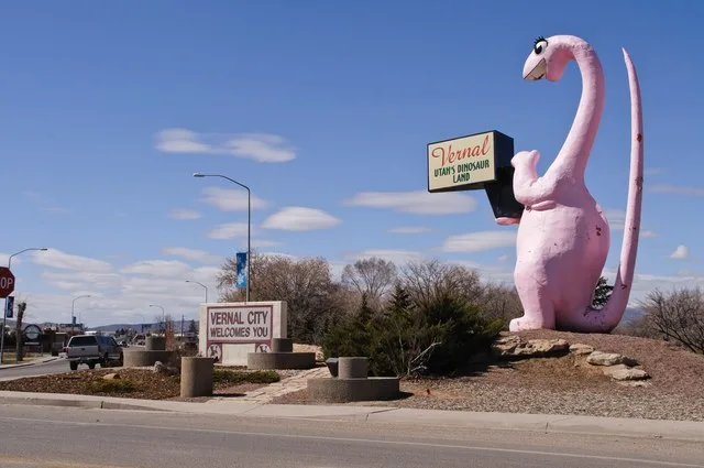 The pink sauropod greets visitors to Vernal, the main population center in northeastern Utah. This is indeed Utah's dinosaur country, because Dinosaur National Monument is only te...