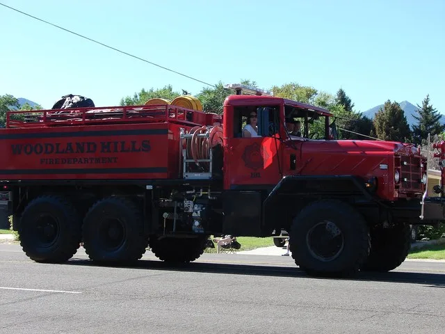 Brush fire truck (191) of the Woodland Hills Fire Department the Spanish Fork city's annual Fiesta Days parade in Utah, July 2015