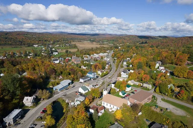 Drone view of Barton , Vermont .