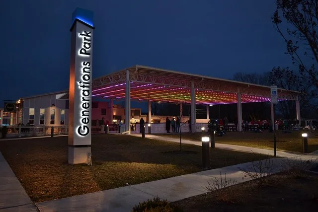 Generations Park in Bridgewater, Virginia operates an ice skating rink during the winter and a farmers' market, movies, and concerts during the spring, summer and fall.