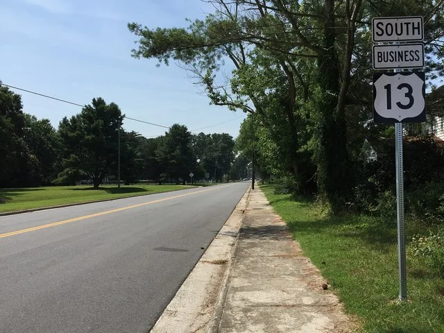View south along U.S. Route 13 Business (Bayside Road) at U.S. Route 13 (Lankford Highway) in Cheriton, Northampton County, Virginia
