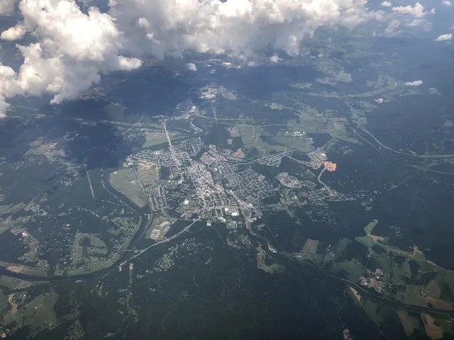 View of Front Royal, Interstate 66, U.S. Routes 340 and 522 and Virginia State Route 55 in Warren County, Virginia, viewed from an airplane which recently took off from Washington...