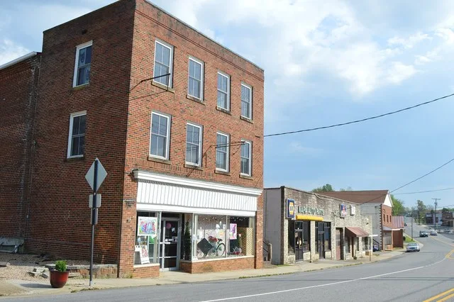 Buildings on the western side of Main Street, south of the Henry Street intersection, in Gretna , Virginia , United States . This block is part of the Gretna Commercial Historic D...