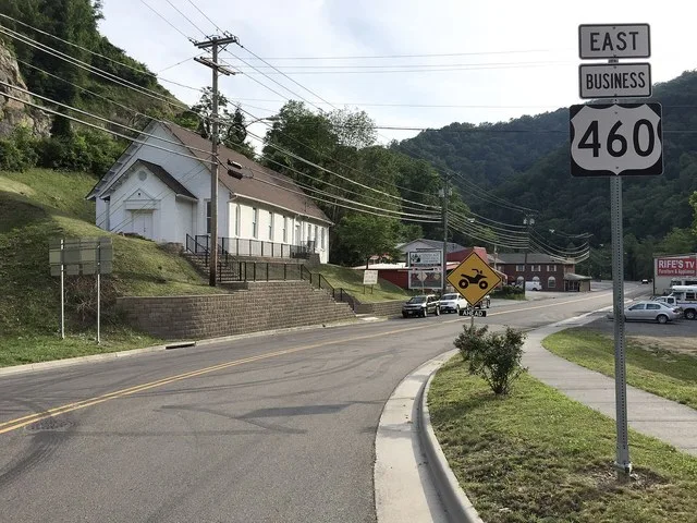View east along U.S. Route 460 Business (Anchorage Circle) just east of U.S. Route 460 in Grundy, Buchanan County, Virginia