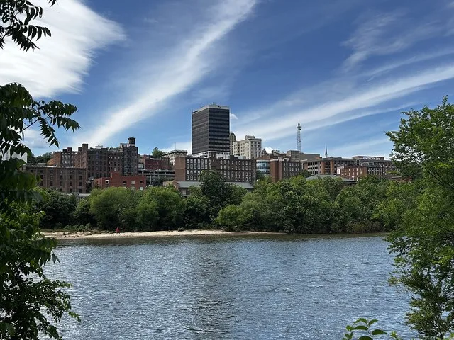 A zoomed in photo of downtown Lynchburg, VA, and the James River.