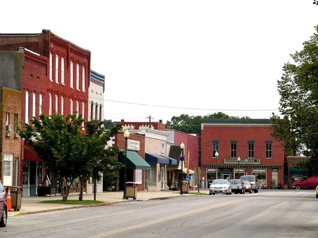 Dunne Avenue running towards Bennett Street (VA 176) is the main commercial district of Parksley, Virginia