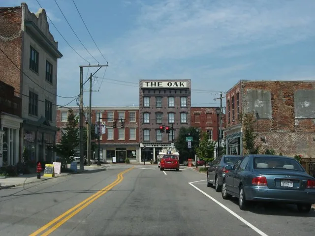 The Oak Antique Mall on North Sycamore Avenue, as seen from Bollingbrook Street in Downtown Petersburg, Virginia.