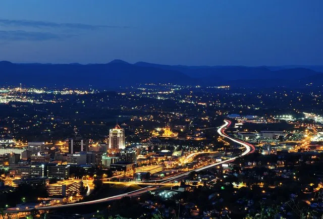Roanoke City as seen from Mill Mountain Star at dusk in Virginia, USA.