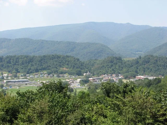 Photograph of the town of Saltville taken by RebelAt in August, 2006. The stone building with the steeple near the center is Madam Russell Memorial United Methodist Church. The lo...
