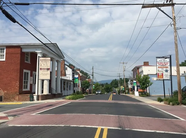 View west along U.S. Route 33 Business (Old Spotswood Trail) at Ford Avenue in Stanardsville, Greene County, Virginia