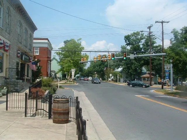 The intersection of US Route 11, Virginia State Route 277, and Virginia County Route 631 in central Stephens City, Virginia.