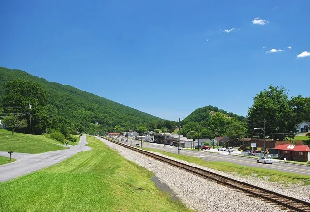 Railroad tracks and businesses along U.S. Route 23 in Weber City, Virginia, United States.